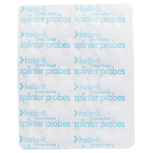 Help-It Splinter Probes Box/100 featuring a close-up of the packaging with visible blue text and handwriting, containing 25 blister packs of splinter probes, ideal for workplace safety needs.