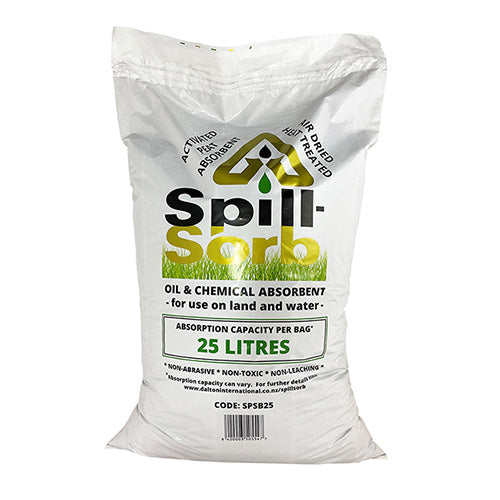 Spill-Sorb Oil & Chemical Absorbent Peat: 25L, shown in a white bag with green and black text, designed for efficient spill absorption. Ideal for safety and environmental care, aligning with Active Safety's commitment to workplace safety solutions.