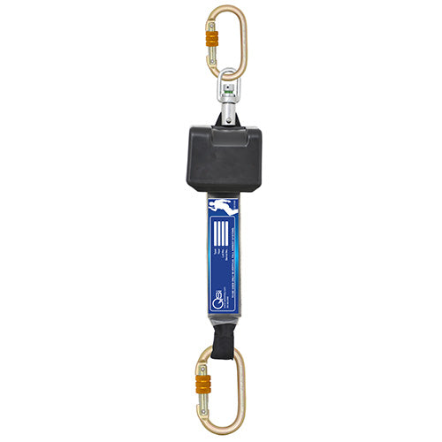 QSI Retractable Lanyard 2.5M, featuring a close-up of a triple locking carabiner, designed for enhanced safety with a retractable webbing lanyard and shock-absorbing block for effective fall protection.