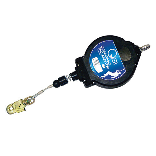 QSI Cable Block with Galvanised Steel Cable 10M, featuring a retractable fall arrester with a swivel hook and load indicator, within a robust plastic casing designed for enhanced workplace safety. Certified to EN 360:2002.