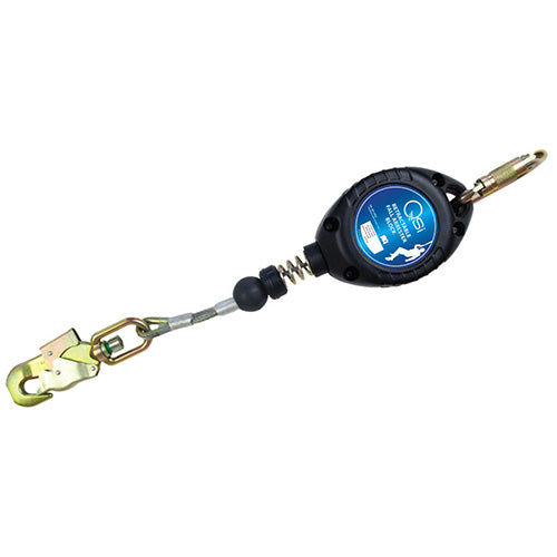 QSI Stainless Steel Wire Retractable Lanyard 3.5m, shown with a durable black and silver retractable mechanism and close-up of its measuring tape, ideal for height safety.