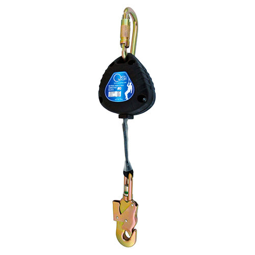QSI Retractable Lanyard 2M features a close-up of its lightweight design with an internal braking system, highlighting its functionality for height safety, ideal for reducing fall forces in workplace environments.