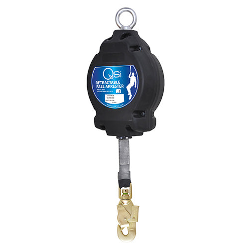 QSI Retractable Lanyard 6M, featuring a black and silver retractable fall arrester with a light aluminium alloy casing and 25mm wide webbing, ideal for height safety in workplace environments.