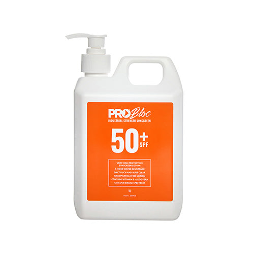 Pro Bloc Sunscreen SPF 50+ 1 Litre bottle features an orange label, designed for industrial sun protection, filtering 98% UVB rays, ideal for safety and workplace environments.