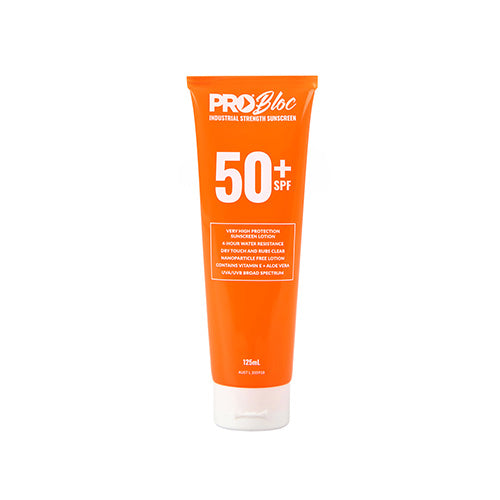 Pro Bloc Sunscreen SPF 50+ 125ml bottle, designed for industrial sun protection, prominently displayed with visible white text and orange accents, ideal for extended outdoor work environments.