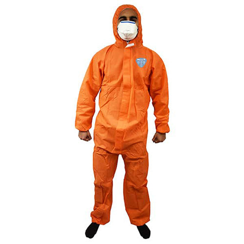 SureShield SMS Orange Coverall worn by a person, featuring a full-body zipper, elasticated hood, wrists, and ankles, designed for protection against fine particulates and limited liquid splashes. Ideal for professional safety use.