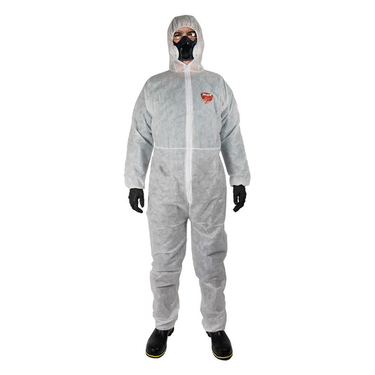 SureShield SMS Disposable Coverall, designed for protection and comfort, features a full-body zipper, elasticated hood, wrists, and ankles, ideal for safeguarding against particulates and limited liquid splashes in safety environments.