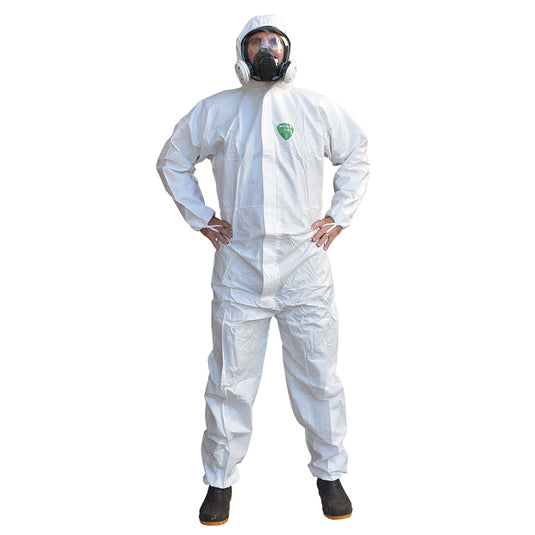 SureShield Type 5/6 Breathable Laminate Coveralls, featuring a full-body zipper, elasticized hood, ankles, cuffs, and finger loops, offering comfort and protection against liquid splashes, ideal for industrial safety use.