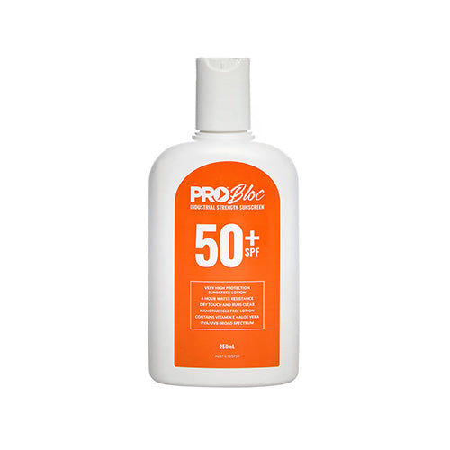 Pro Bloc Sunscreen SPF 50+ 250ml, a white bottle with an orange label and white lid, offering high UV protection ideal for safety-conscious environments like workplaces prioritizing skin safety.