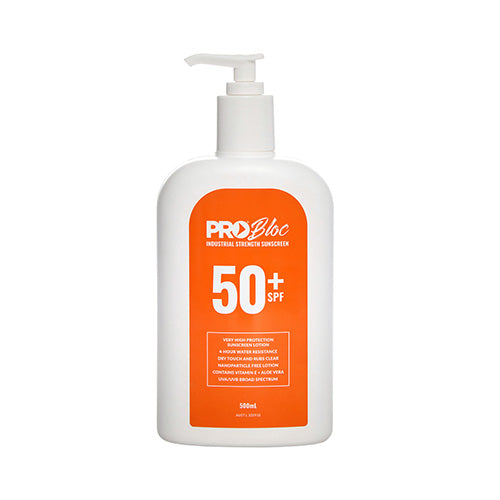 Pro Bloc Sunscreen SPF 50+ 500ml in a white bottle with an orange label, ideal for prolonged sun exposure, offering industrial-grade UV protection. Perfect for workplace safety and outdoor activities.