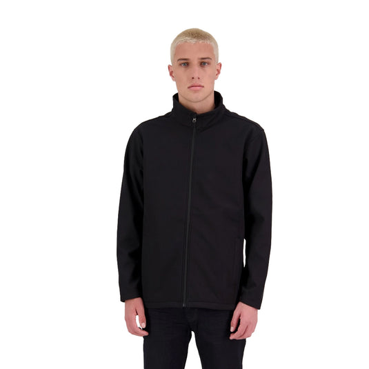 Balfour Mens Softshell Jacket worn by a man, showcasing its sleek design and functionality with a zippered front, ideal for active safety and protection against wind and rain.