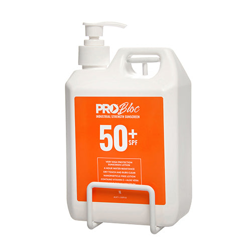 Pro Bloc Sunscreen Wall Bracket 1 Litre secures a white bottle with an orange label, ideal for mounting sunscreen in workplace environments. This bracket ensures easy access and organization for safety compliance.