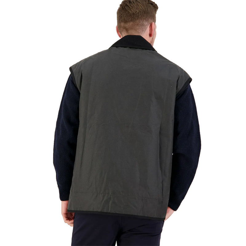 Load image into Gallery viewer, Swanndri Foxton Vest Wool Lined, Brown features a durable waxed cotton exterior with a wool-lined collar and zip-side pockets, ideal for outdoor activities like hunting and camping.