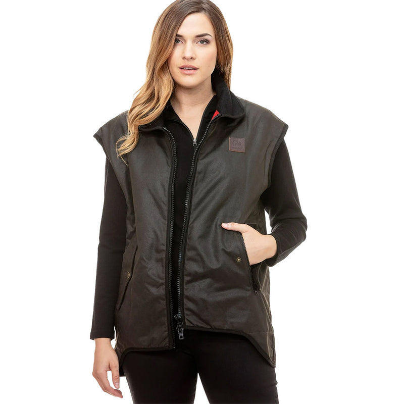 Load image into Gallery viewer, Swanndri Foxton Vest Wool Lined, Brown: Premium waxed cotton vest with wool lining, featuring zip-side pockets, domed storm flaps, and heavy-duty two-way zip, ideal for outdoor activities like hunting and fishing.