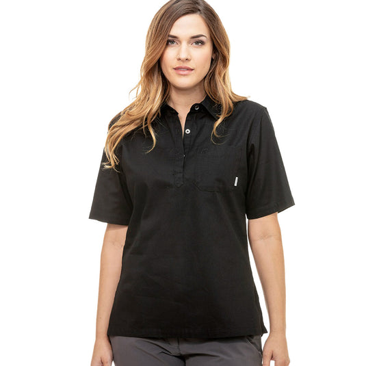 Swanndri Tasman Womens Short Sleeve Shirt, showcasing a lightweight, breathable design in Panama weave with a half placket, single chest pocket with swan logo, and straight hem with side splits.