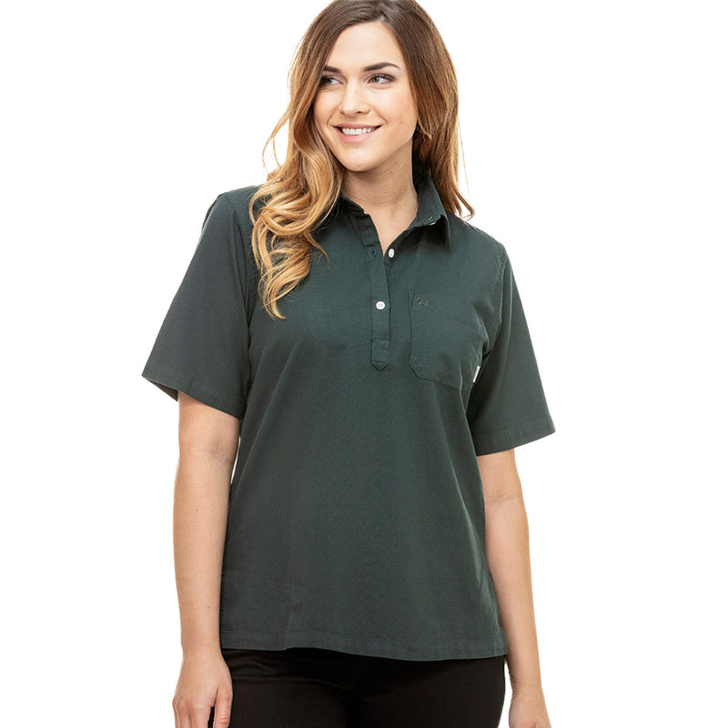 Load image into Gallery viewer, Swanndri Tasman Womens Short Sleeve Shirt, featuring a breathable Panama weave, half placket button opening, single chest pocket with embroidered swan logo, and straight hem with side splits, ideal for summer comfort.