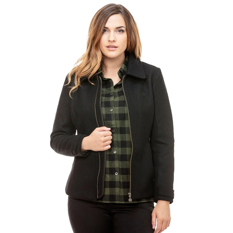 Load image into Gallery viewer, Swanndri Womens Viaduct Merino Jacket, Black showcases a tailored design in 100% NZ merino wool. Features include a full-length zip, tabbed button sleeve adjustments, inseam zip pockets, and an embroidered swan logo.