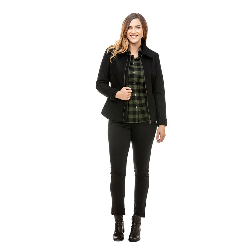 Load image into Gallery viewer, Swanndri Womens Viaduct Merino Jacket, Black, crafted from 100% NZ merino wool, features a full-length zip closure, inseam zip pockets, and tabbed button sleeves, ideal for stylish workplace outerwear.
