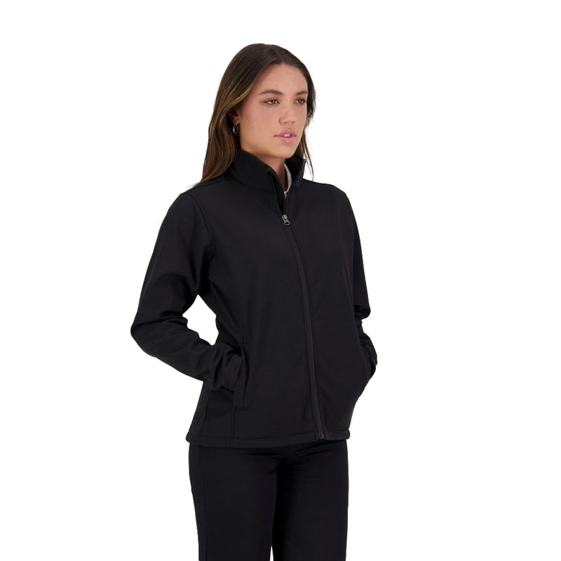 Load image into Gallery viewer, Balfour Womens Softshell Jacket on a woman, featuring a sleek design with zippered hand pockets and wind-blocking fabric, exemplifying Active Safety's commitment to functional, advanced safety wear.