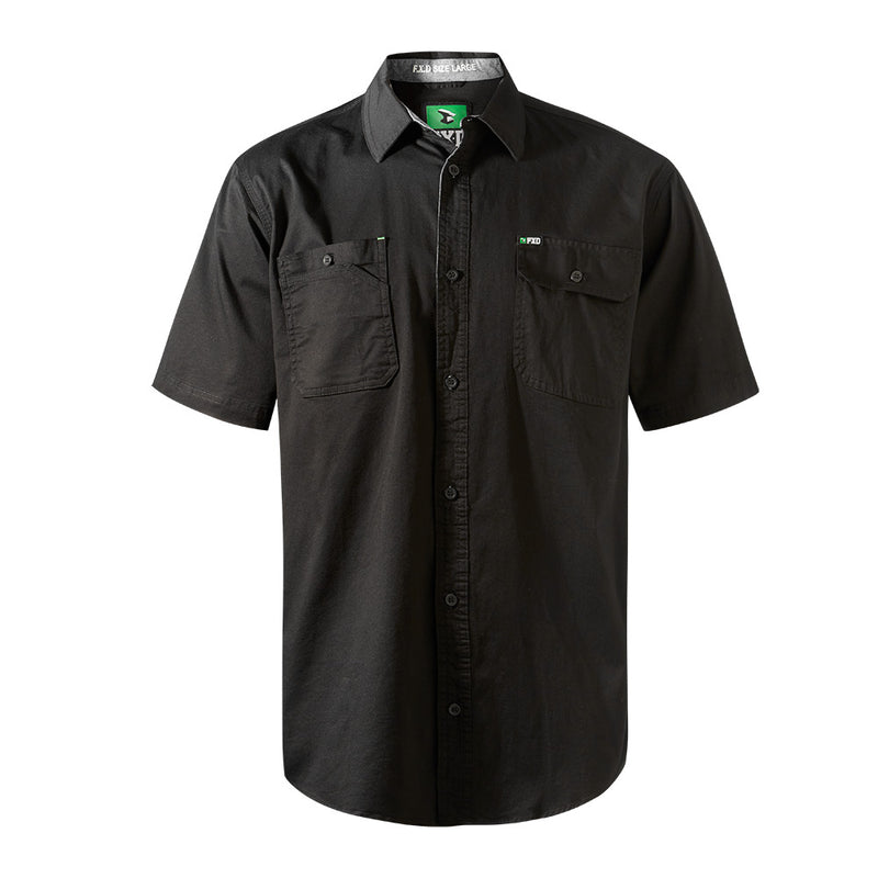 Load image into Gallery viewer, FXD SSH-1 Short Sleeve Shirt, crafted from flexible 360-degree stretch cotton twill, features dual button-down chest pockets, a drop tail, and triple needle seams, ideal for workplace safety and comfort.