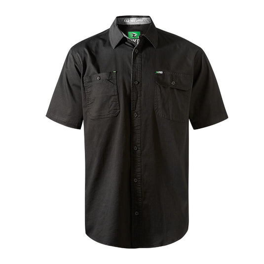 FXD SSH-1 Short Sleeve Shirt, crafted from flexible 360-degree stretch cotton twill, features dual button-down chest pockets, a drop tail, and triple needle seams, ideal for workplace safety and comfort.