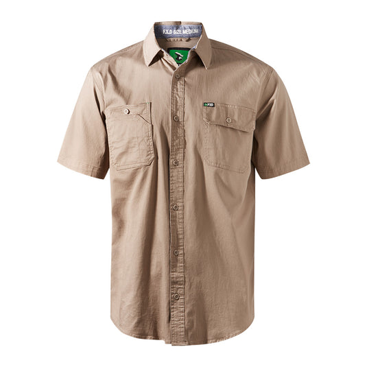 FXD SSH-1 Short Sleeve Shirt features a tailored fit with dual button-down chest pockets, roll sleeves, and chambray trim lining, showcasing its 360-degree stretch cotton twill for ultimate comfort and flexibility.