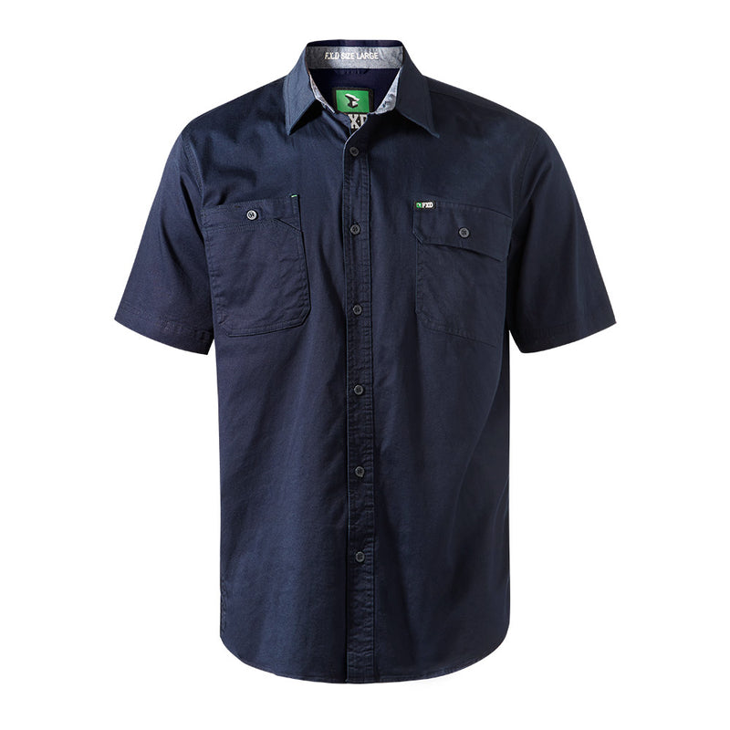 Load image into Gallery viewer, FXD SSH-1 Short Sleeve Shirt showcases a tailored fit with dual button-down chest pockets, roll-up sleeves, and chambray trim lining, designed with 360-degree stretch cotton for comfort and flexibility.