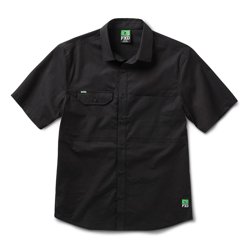 Load image into Gallery viewer, FXD SSH-3 Midweight Short Sleeve Shirt features a black, short-sleeve, button-up design with a chest pocket and cooling mesh vent, ideal for durable workwear.