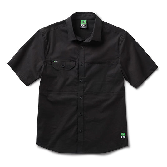 FXD SSH-3 Midweight Short Sleeve Shirt features a black, short-sleeve, button-up design with a chest pocket and cooling mesh vent, ideal for durable workwear.