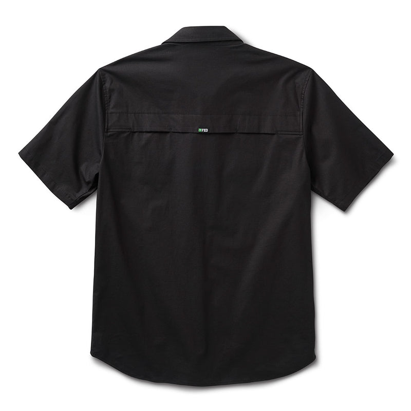 Load image into Gallery viewer, Back view of the FXD SSH-3 Midweight Short Sleeve Shirt, highlighting the vented mesh flap on the upper back for airflow, ideal for active work environments. Features durable stretch ripstop fabric and a shaped hem.