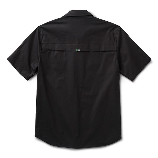 Back view of the FXD SSH-3 Midweight Short Sleeve Shirt, highlighting the vented mesh flap on the upper back for airflow, ideal for active work environments. Features durable stretch ripstop fabric and a shaped hem.