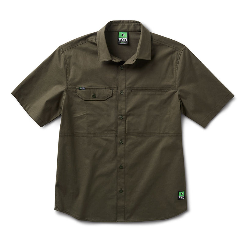 Load image into Gallery viewer, FXD SSH-3 Midweight Short Sleeve Shirt, featuring a button-up design with two chest pockets and a pen partition, boasts a mesh vent back yoke for airflow and a shaped hem for coverage.