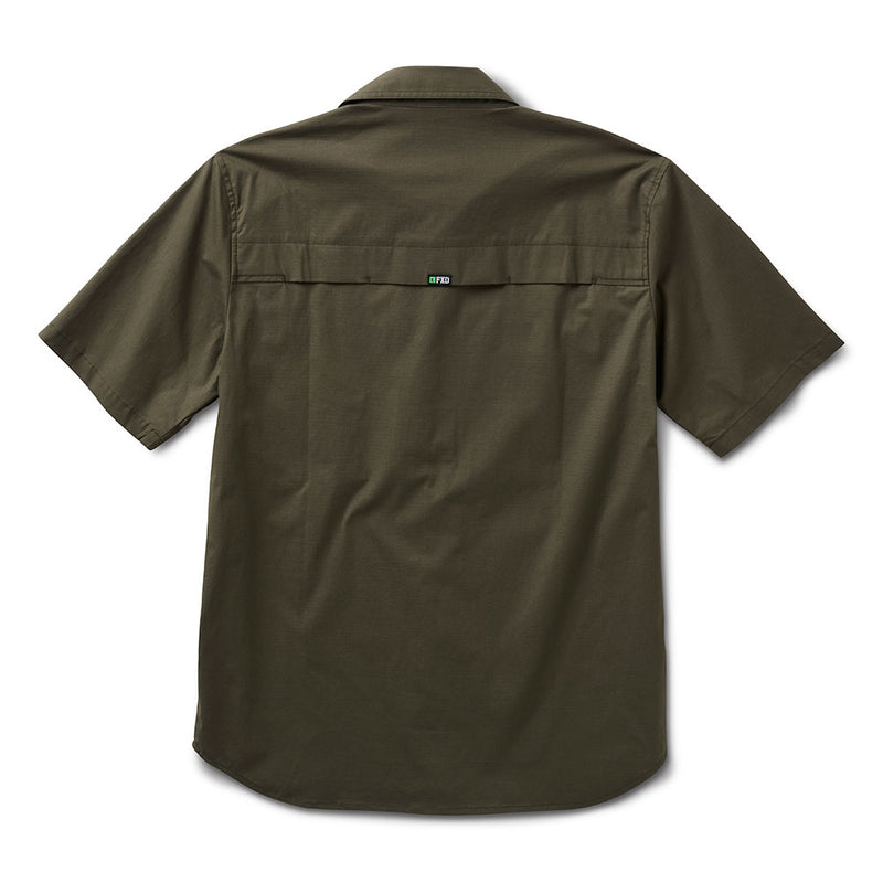 Load image into Gallery viewer, FXD SSH-3 Midweight Short Sleeve Shirt features a back view showcasing its olive-green design with a horizontal mesh vented yoke for airflow, ideal for durability and comfort in work environments.