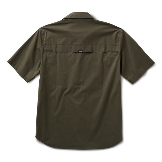 FXD SSH-3 Midweight Short Sleeve Shirt features a back view showcasing its olive-green design with a horizontal mesh vented yoke for airflow, ideal for durability and comfort in work environments.