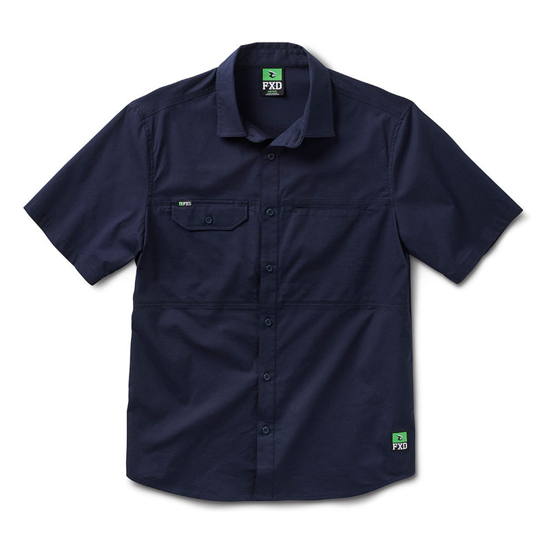 Load image into Gallery viewer, FXD SSH-3 Midweight Short Sleeve Shirt is a navy work shirt with a button-front, point collar, left chest flap pocket, and mesh vent at back yoke for enhanced airflow, ideal for safety-focused environments.