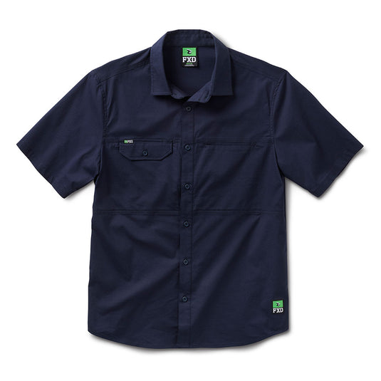 FXD SSH-3 Midweight Short Sleeve Shirt is a navy work shirt with a button-front, point collar, left chest flap pocket, and mesh vent at back yoke for enhanced airflow, ideal for safety-focused environments.