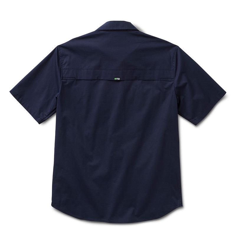 Load image into Gallery viewer, FXD SSH-3 Midweight Short Sleeve Shirt's back view showcases a navy, button-up design with a cooling mesh vent at the yoke, a small FXD brand tag, and a durable ripstop fabric.