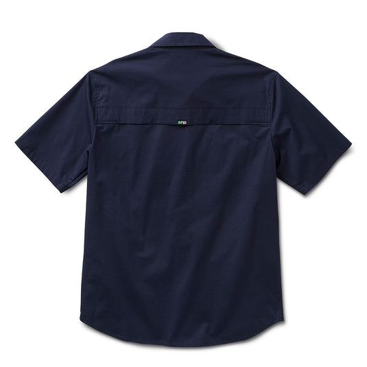 FXD SSH-3 Midweight Short Sleeve Shirt's back view showcases a navy, button-up design with a cooling mesh vent at the yoke, a small FXD brand tag, and a durable ripstop fabric.