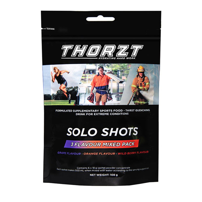 Load image into Gallery viewer, Thorzt Low Sugar Solo Shots Mixed Fruits: Pack/6, featuring six sachets, ideal for hydration during intense activities with natural flavors and low sugar, essential for safety-conscious workplaces or sports environments.
