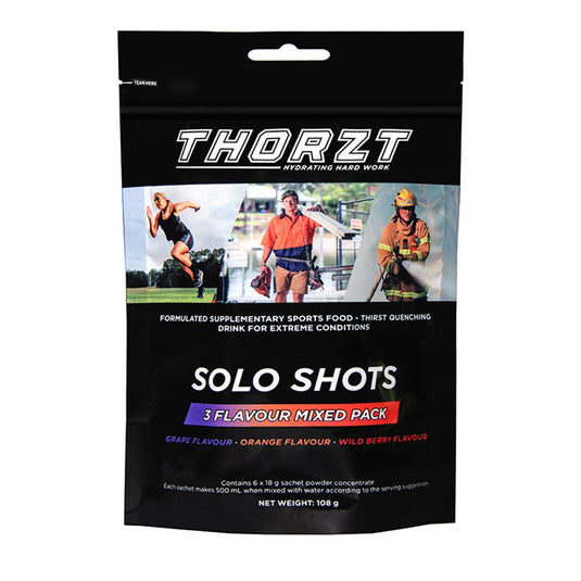 Thorzt Low Sugar Solo Shots Mixed Fruits: Pack/6, featuring six sachets, ideal for hydration during intense activities with natural flavors and low sugar, essential for safety-conscious workplaces or sports environments.