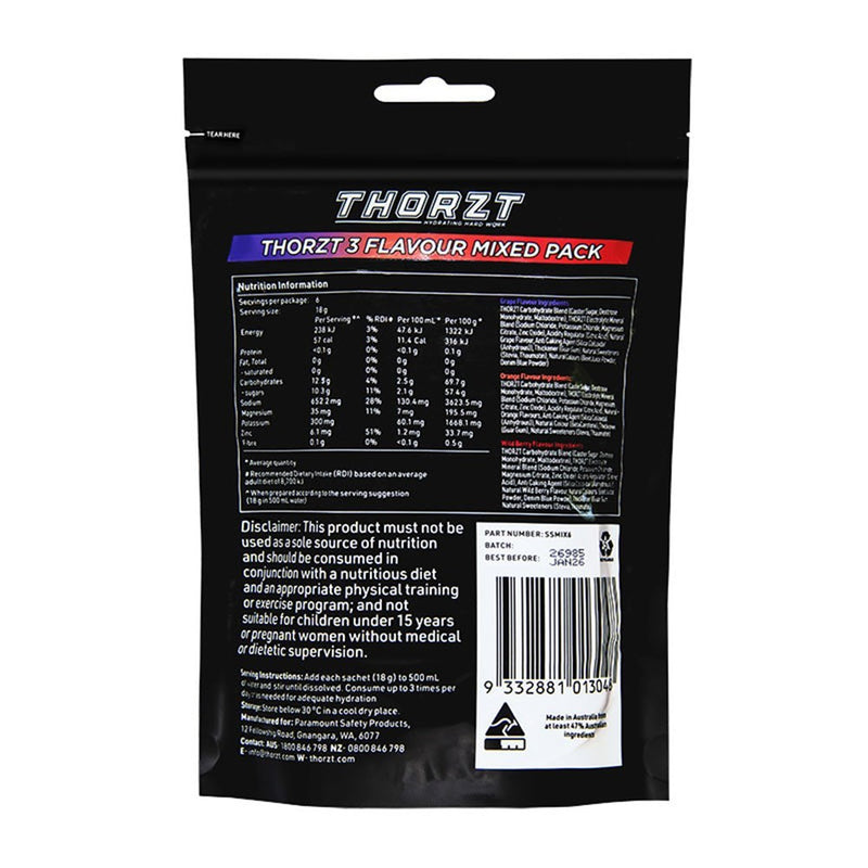 Load image into Gallery viewer, Thorzt Low Sugar Solo Shots Mixed Fruits: Pack/6 features six sachets, each designed for easy mixing. Ideal for physical activity, offering enhanced electrolytes and natural flavors in Wild Berry, Orange, and Grape.