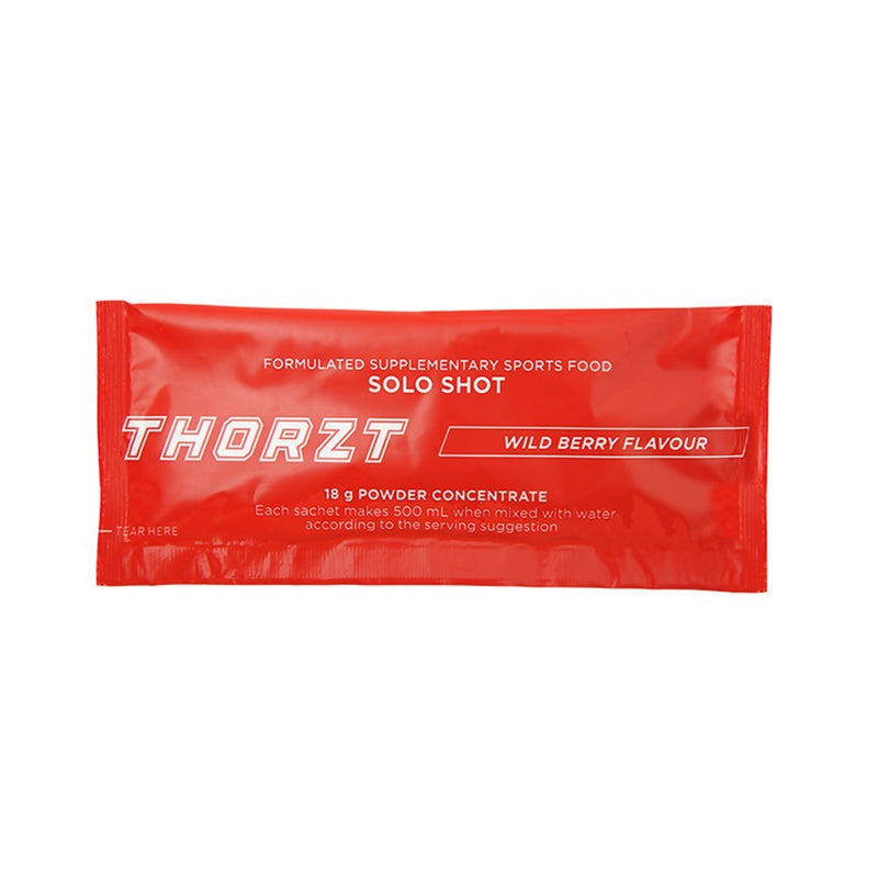 Load image into Gallery viewer, Thorzt Low Sugar Solo Shots Mixed Fruits: Pack/6, featuring 6 sachets with three flavors—Wild Berry, Orange, and Grape—designed for hydration during heavy physical activity. Ideal for workplace and sports environments.