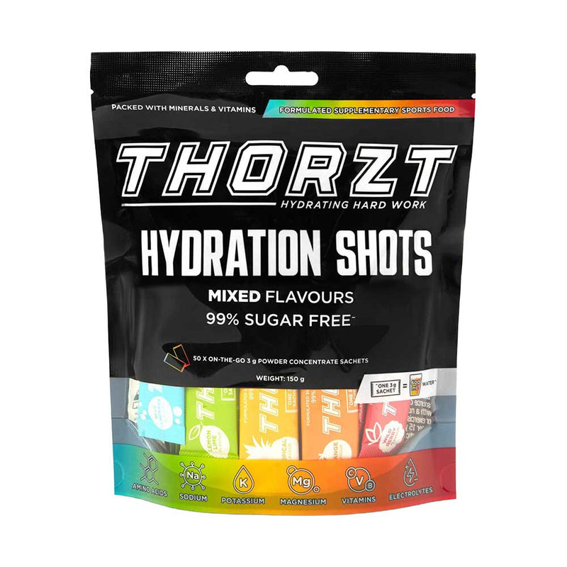 Load image into Gallery viewer, Thorzt Solo Shot Sachet, Mixed: Pack/50 displayed with a green and white label, highlighting its function as a hydration solution with electrolytes and vitamins, suited for optimal physical and mental performance.