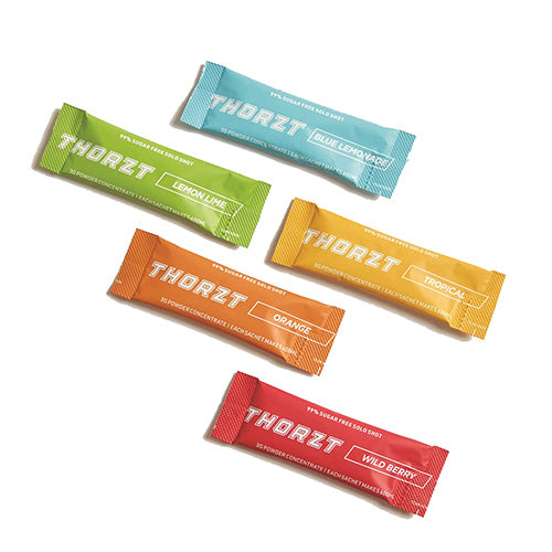Thorzt Solo Shot Sachet, Mixed: Pack/50, featuring small packets designed for hydration, includes cutting-edge amino acids, electrolytes, and vitamins, aimed at enhancing physical and mental performance.