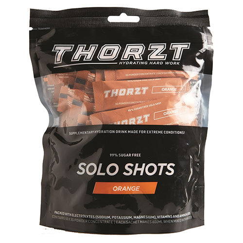 Thorzt Solo Shot Sachet, Orange: Pack/50, featuring a close-up of sugar packets with a visible black and white logo, designed for optimal hydration and enhanced physical and mental performance.