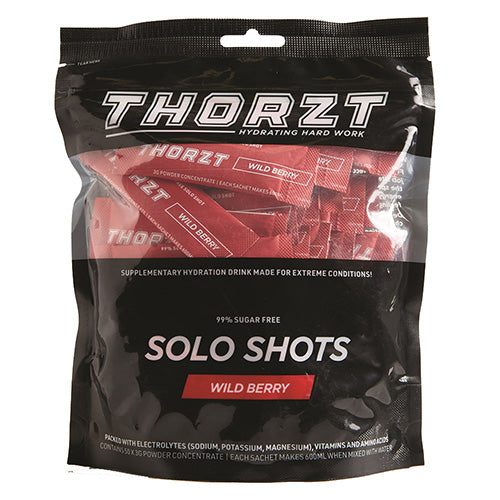 Thorzt Solo Shot Sachet, Wildberry: Pack/50, displayed in a clear packet. The sachets are designed for optimal hydration and performance, featuring a blend of amino acids, electrolytes, and vitamins.