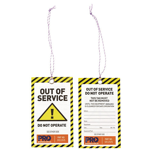 Out of Service Tags Pack/100 showing durable, non-tear tags designed for industrial safety use, labeled Out of Service, Do Not Operate, ideal for workplace safety in all weather conditions.