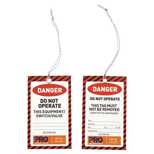 Danger Do Not Operate Tags Pack/100 featuring a close-up of durable, non-tear, all-weather tags designed for safety equipment. Ideal for workplace safety, aligning with Active Safety's commitment to reliable safety products.