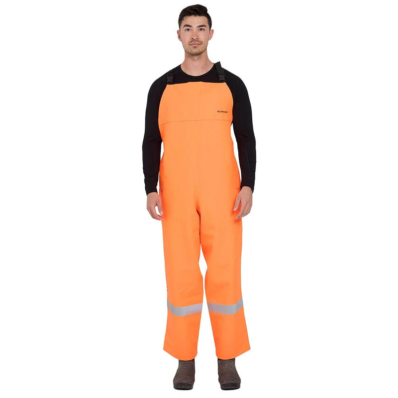 Load image into Gallery viewer, Kaiwaka Stormforce Taped Bib Overtrousers, Orange, featuring high-visibility neon-orange fabric, adjustable black straps, reflective stripes, and a waterproof, breathable design for safety in wet, high-risk environments.