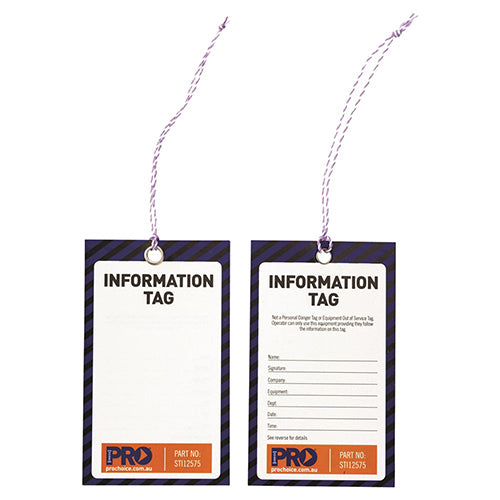 Information Tags Pack/100 featuring durable, non-tear material suitable for all weather. Close-up shows clear black text on a white tag, ideal for workplace safety and labeling needs.